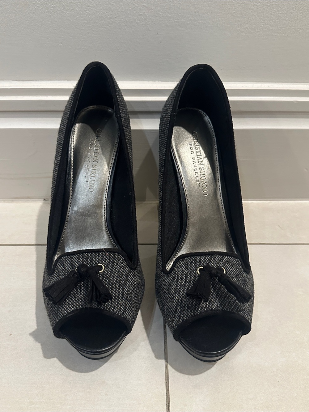 Christian Siriano Black Tweed Peep-Toe Pumps with Tassel Detail